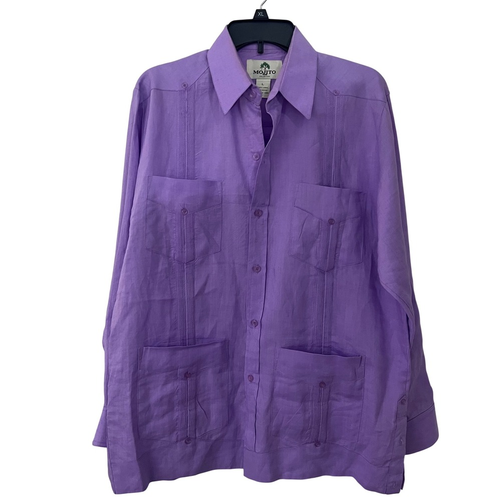 Mojito Collection Mens Large Purple 100% Linen Long Sleeve Guayabera Shirt Boho
